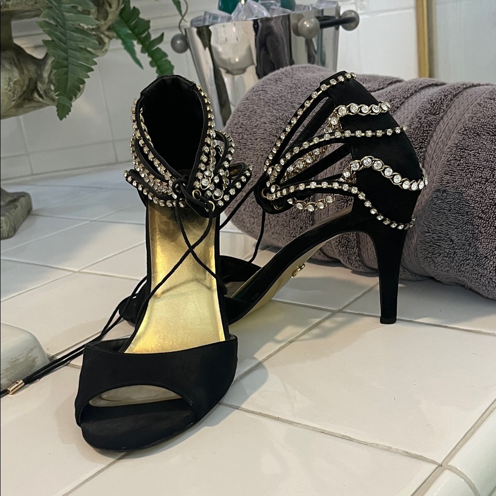 Thalia Sodi Black and Gold Embellished Heels